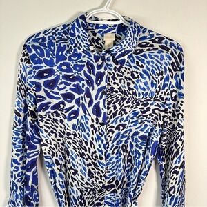 H&M Blue White Floral Print Tie Waist Slit Midi Shirt Dress Long Sleeve Size 4